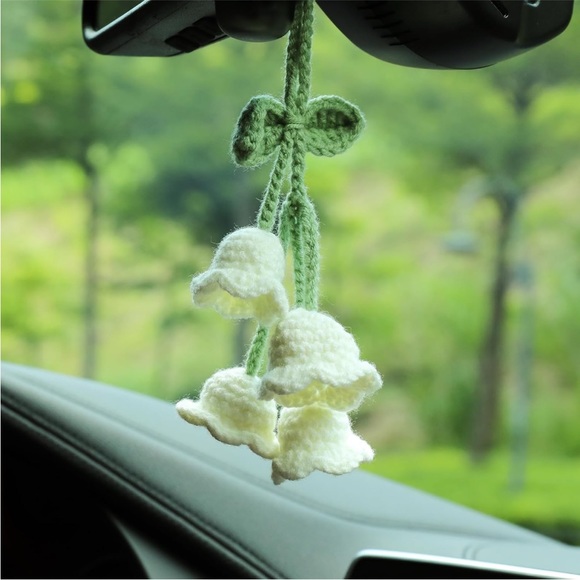 Handmade Kawaii Woven Pink Bell Flower Plant Knit Car Mirror Hanging Accessory - Picture 9 of 10